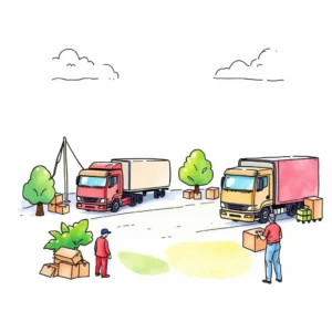 Logistics trucks unloading boxes at an event site, illustrating logistics coordination tasks