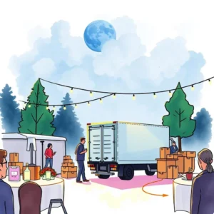 Thank you note generator event with logistics setup, boxes, and a delivery truck.
