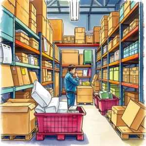 Warehouse scene showing a thoughtful analyst assessing inventory for shrinkage insights.
