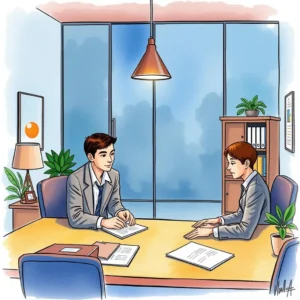 Two professionals discussing audit findings at a conference table.