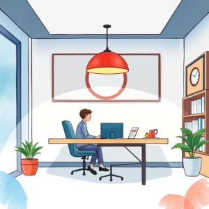 A man working at a desk in a modern office setting, focusing on confidentiality quiz creation.