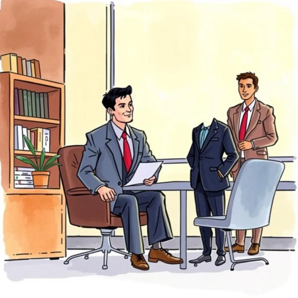 Training module builder: Develop comprehensive training modules on confidentiality best practices 1 A professional setting with two men discussing a training module concept at a table in an office.