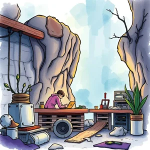 A person working on a laptop in a creative workspace surrounded by rocks and plants