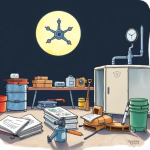 A cluttered workspace with tools and documents related to equipment maintenance and documentation under a full moon.