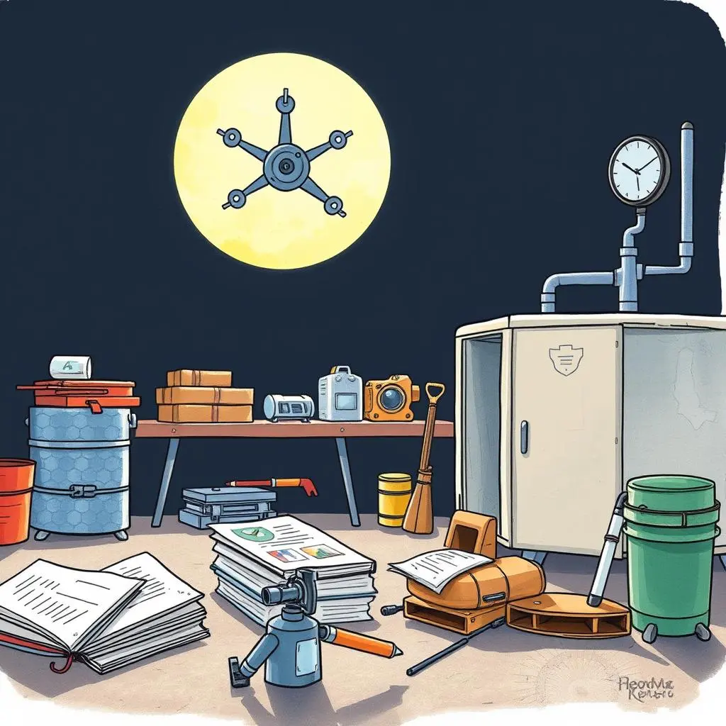 Equipment review summarizer: Condense equipment review findings into reports 1 Workspace with maintenance tools and documents under a full moon.