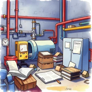 Maintenance Insight Extractor tool in a cluttered factory setting with pipes and documents scattered around