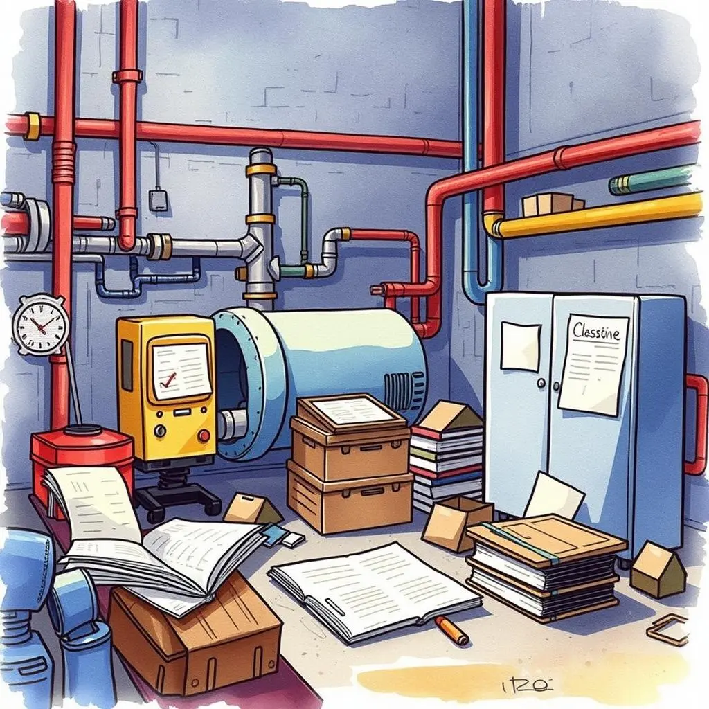Maintenance insight extractor: Extract insights from maintenance data and summarize them 1 Cluttered maintenance room with documents and equipment for analysis.