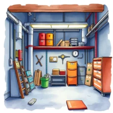 A well-organized maintenance storage area featuring various tools, supplies, and equipment for cost savings analysis