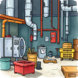 Industrial workspace with pipes, maintenance tools, and equipment for inspection follow-up tasks.