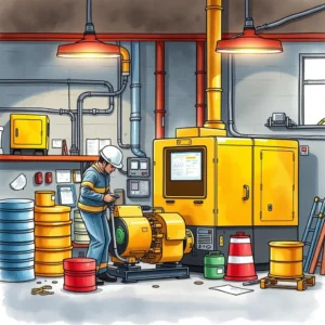 A technician inspecting a yellow generator in a maintenance workshop filled with equipment.