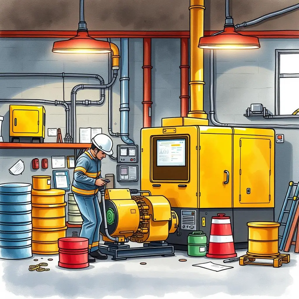 Inspection report generator: Create detailed equipment inspection reports automatically 1 A technician inspecting a yellow generator in a maintenance workshop filled with equipment.