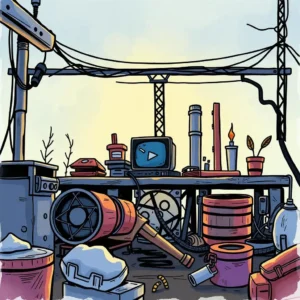A cluttered workspace with tools and machinery for maintenance tasks.