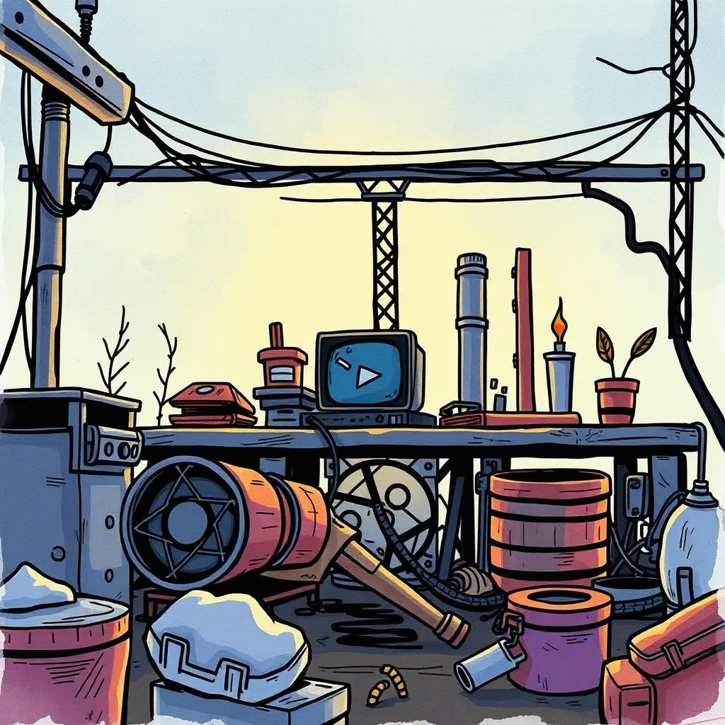 Merge request overview generator: Generate quick overviews of merge requests 1 A cluttered workspace with tools and machinery for maintenance tasks.