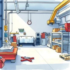 A well-organized workshop with maintenance tools and equipment.