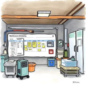 A workshop with a maintenance scheduling board and equipment for calibration.
