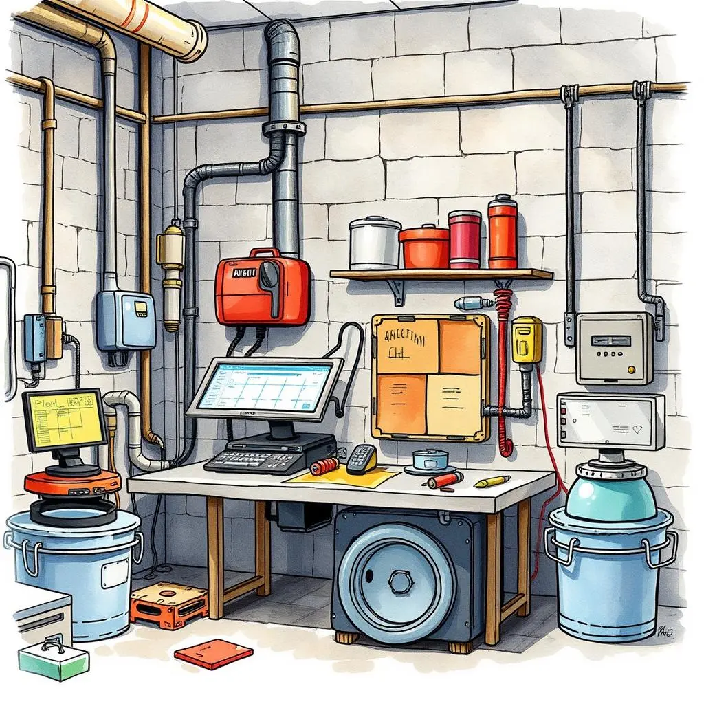 Critical repair assistant: Determine urgent equipment issues for attention 1 A workspace with equipment, computers, and tools for urgent equipment maintenance and scheduling.