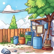 Colorful outdoor maintenance area with equipment and tools visible.