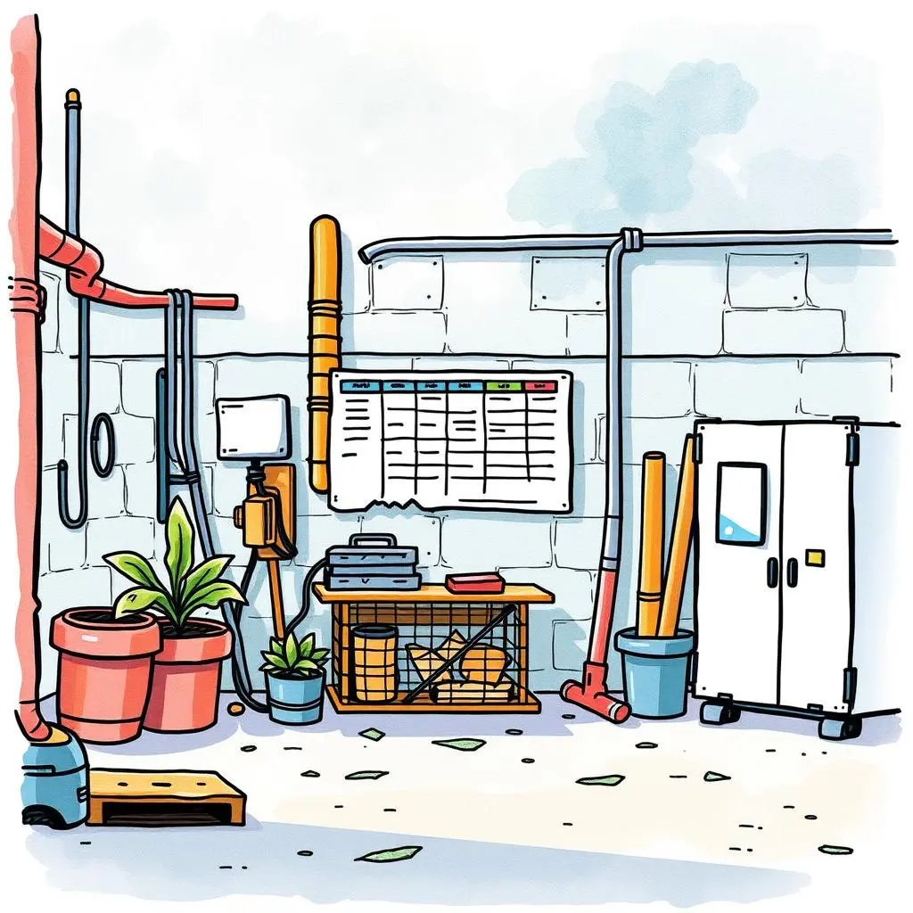 Maintenance request formulator: Create structured work orders easily 1 A workspace with maintenance tools and a scheduling board, ideal for facilities management.