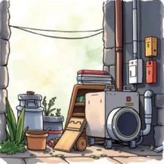A cluttered maintenance area featuring tools, plants, and equipment for scheduling tasks efficiently.