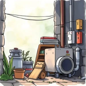 A cluttered maintenance area featuring tools, plants, and equipment for scheduling tasks efficiently.