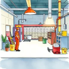 Maintenance crew member in a well-organized workshop with storage cabinets and tools.