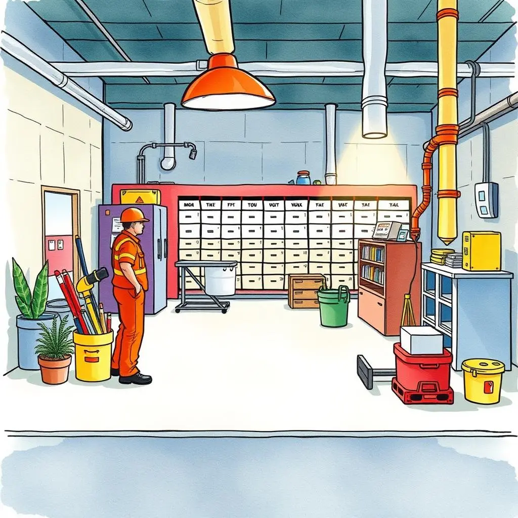 Maintenance timetable creator: Build efficient schedules for maintenance staff 1 Maintenance crew member in a well-organized workshop with storage cabinets and tools.