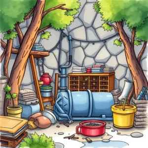 A cluttered maintenance storage area filled with tools and materials for facilities management