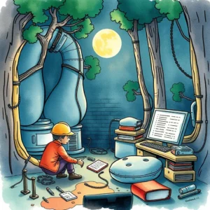 A technician surrounded by trees examines code on a computer.