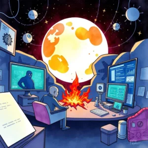 Collaborative impact statement creator: Generate statements on malware impact for teams 5 Collaborative Impact Statement Creator in a futuristic workspace with a fire, screens, and cosmic elements