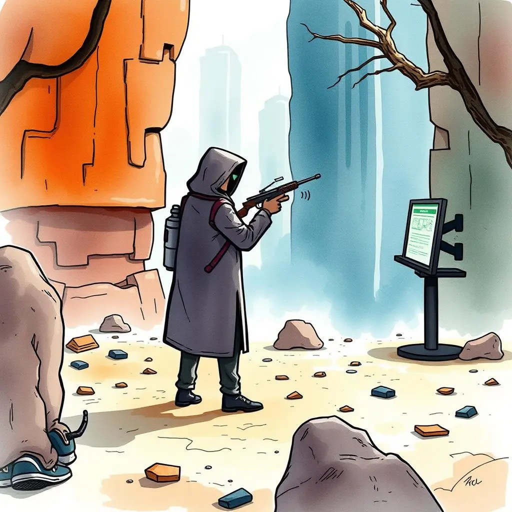 Malicious actor detector: Identify potential perpetrators behind malware attacks 1 Malicious actor in a cloak aiming a weapon at a digital screen in a rocky environment.
