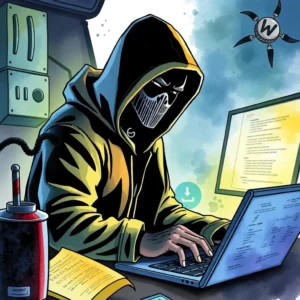 Hooded figure analyzing malware code on a laptop in a dark setting.