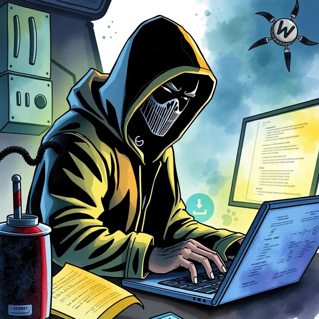 Malware code analyzer: Extract insights from static code analysis 1 Hooded figure analyzing malware code on a laptop in a dark setting.