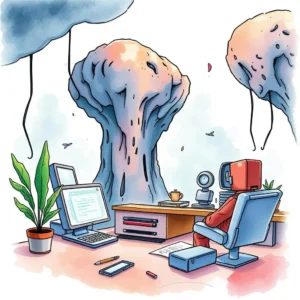 Malware Impact Assessor tool depicted in an abstract office scene with impending cyber threats looming