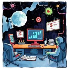 A cybersecurity analyst organizing malware samples in a futuristic workspace.