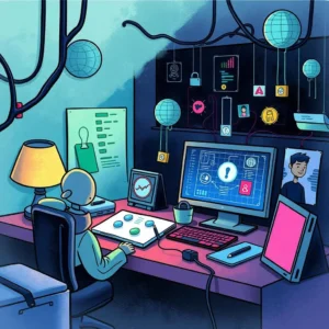 Malware analyst reviewing data in a tech-driven workspace surrounded by digital security elements.