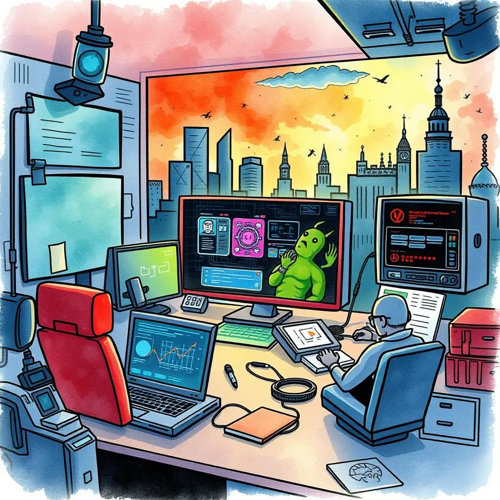 Post-incident review template maker: Create templates for post-incident reviews 1 Post-Incident Review Template Maker tool in a cybersecurity office overlooking a city skyline at sunset