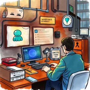 Threat intelligence brief creator: Create briefings on recent threat intelligence findings 4 User analyzing malware data on computer in an office setting.
