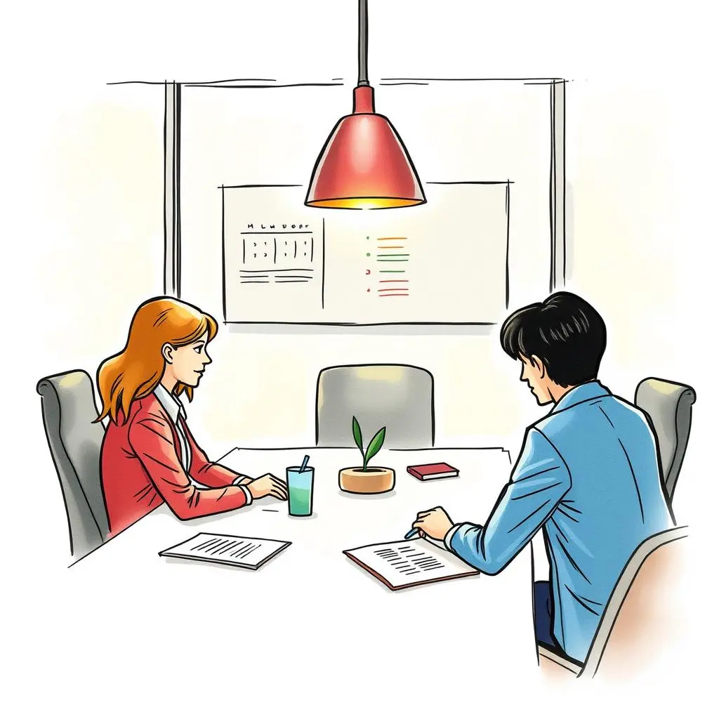 Two professionals discussing agenda points in a modern meeting room.
