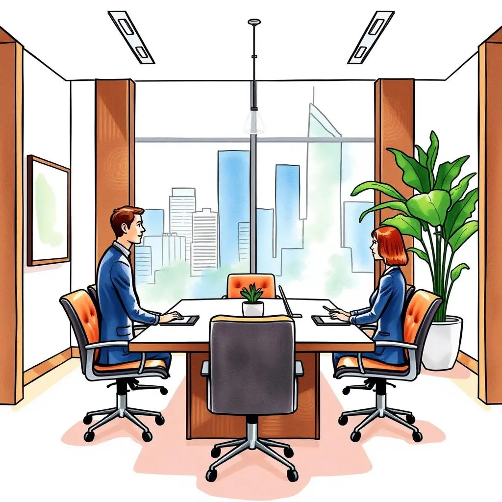 Conference room suggester: Recommend appropriate rooms for scheduled meetings 1 A modern conference room setting with two professionals meeting and a city view outside