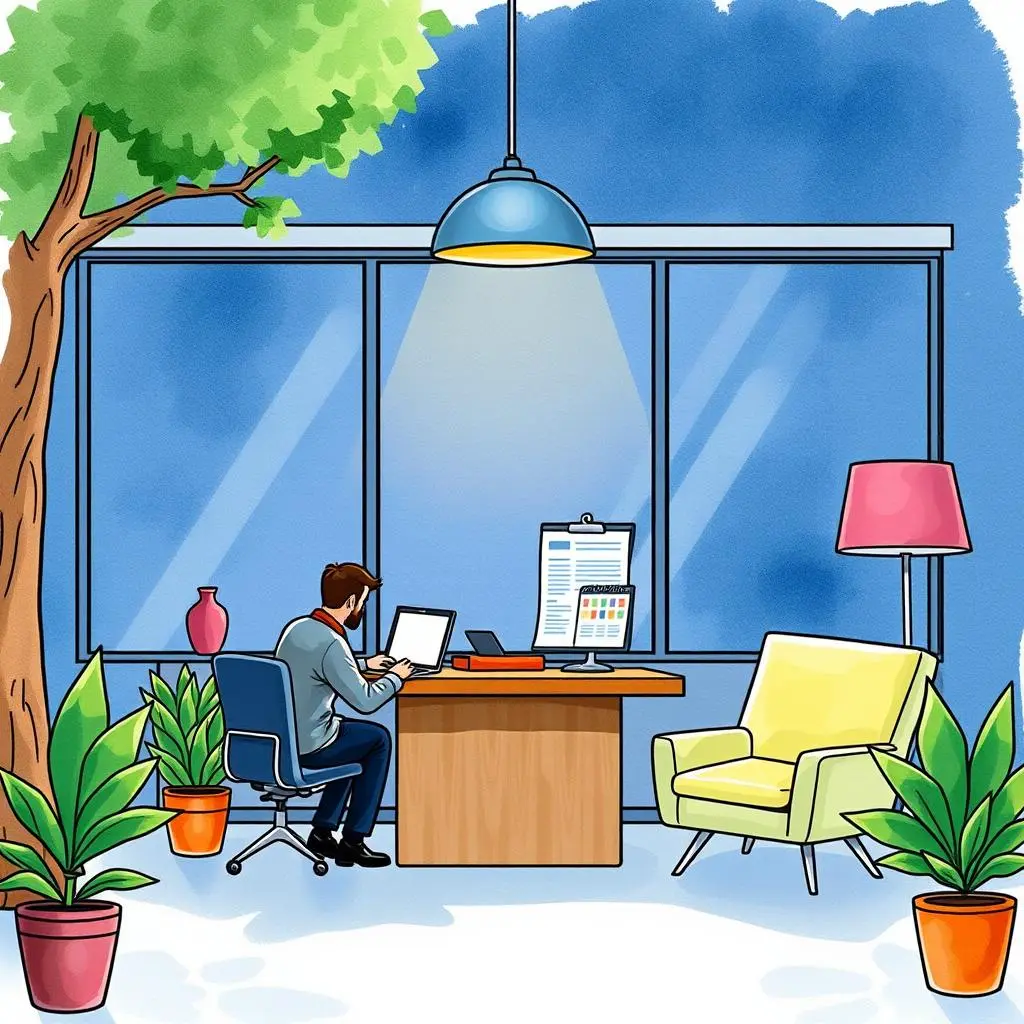 Invitation text formatter: Style and format your meeting invites 1 A professional assistant using a laptop in a bright, modern office space with plants and colorful furniture
