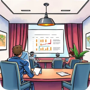 Meeting invite generator: Automatically create and customize meeting invitations 8 A team of professionals participating in a meeting with a presentation in the background.
