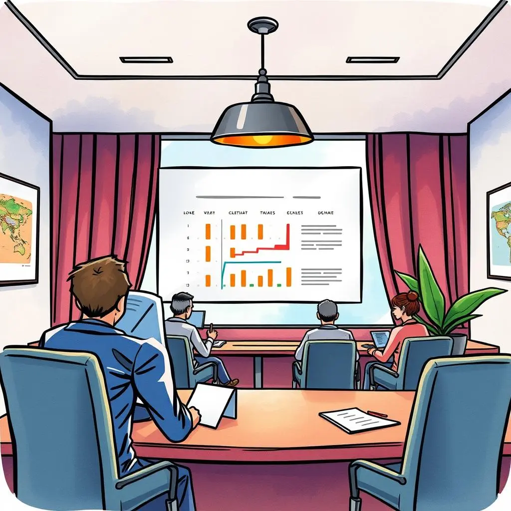A team of professionals participating in a meeting with a presentation in the background.