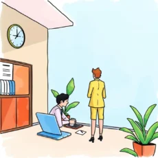 A professional office scene featuring an executive assistant composing on a laptop while another stands nearby.