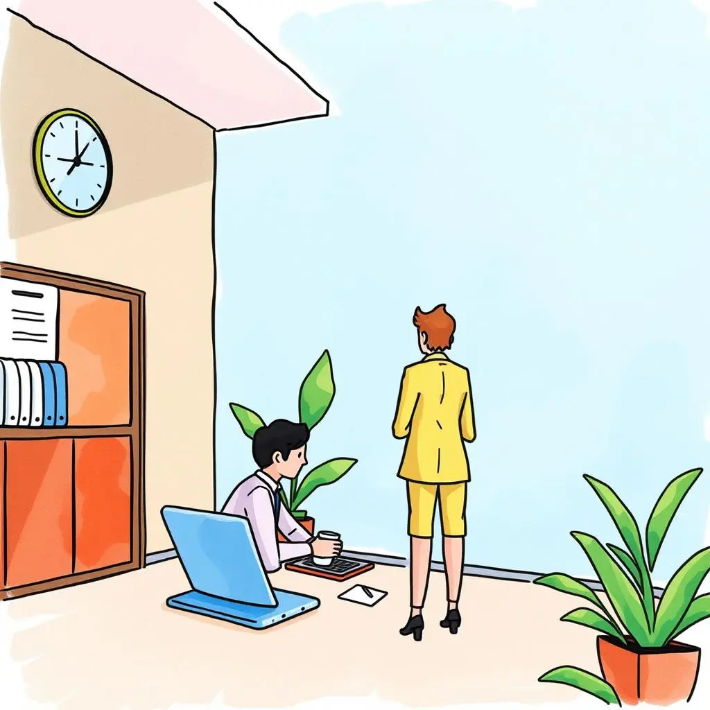 Meeting reminder email composer: Create reminder emails for upcoming meetings 1 A professional office scene featuring an executive assistant composing on a laptop while another stands nearby.