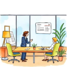 A professional meeting between two team members discussing calendar invitations in a modern office.