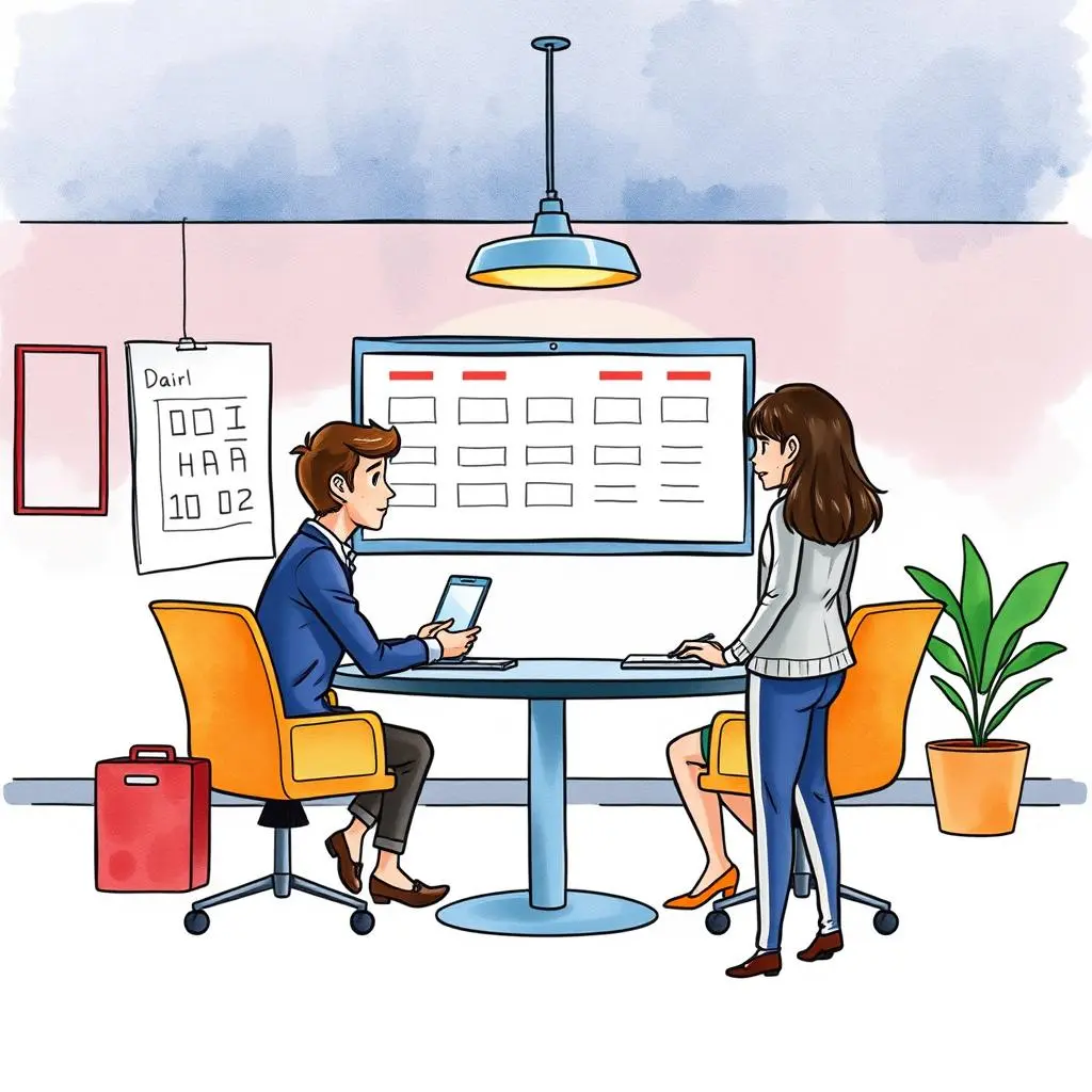 Venue matcher: Align meeting requirements with suitable locations 1 A professional meeting between colleagues discussing calendar management and venue selection