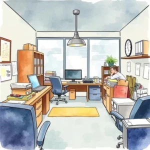 An organized office space featuring a focused worker, suitable for managing supplies.