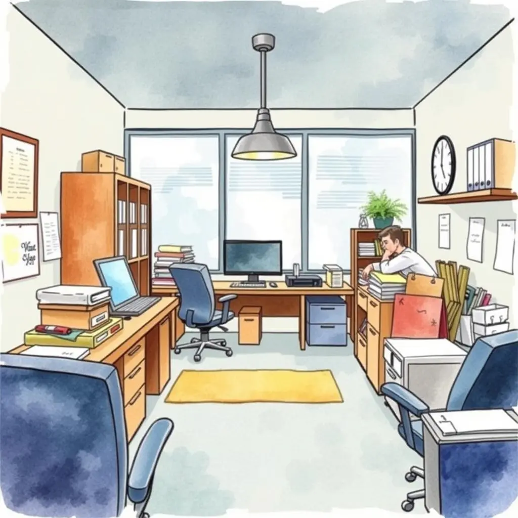 Budget tracker for supplies: Monitor and manage office supply expenses 1 An organized office space featuring a focused worker, suitable for managing supplies.