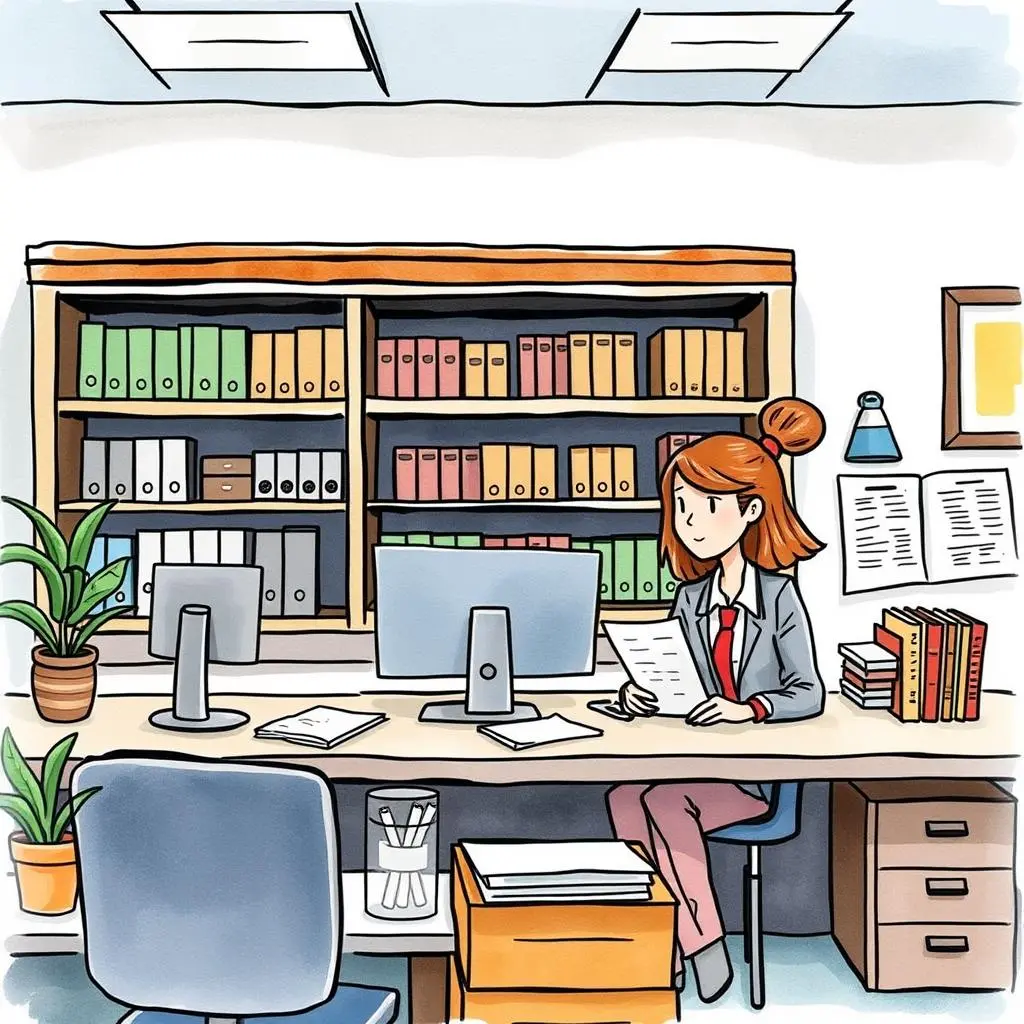 Cost optimization advisor: Suggest ways to reduce supply expenses 1 A focused office manager reviews documents at a well-organized desk with dual monitors and a library of supplies.