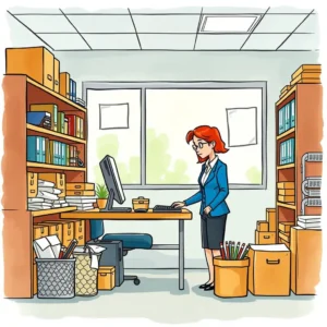 A busy office scene depicting a woman organizing materials at her desk in an administrative setting.